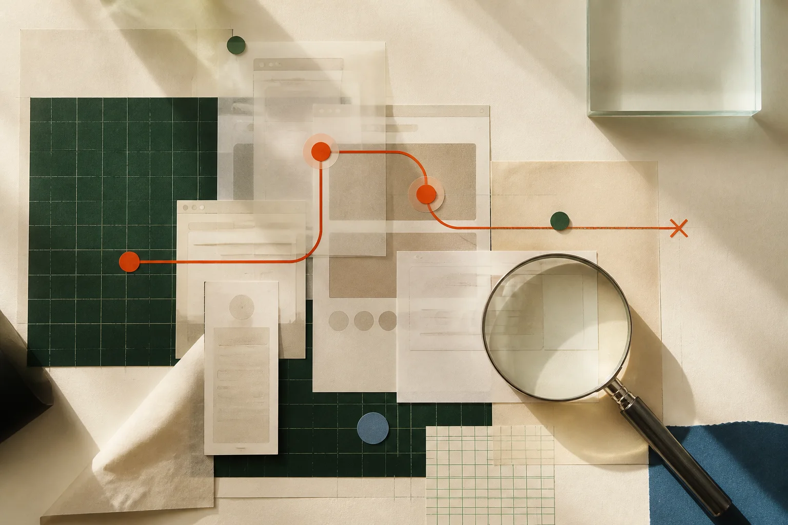 Layered website journey sketches, an orange route and a magnifying glass arranged for an evidence review.