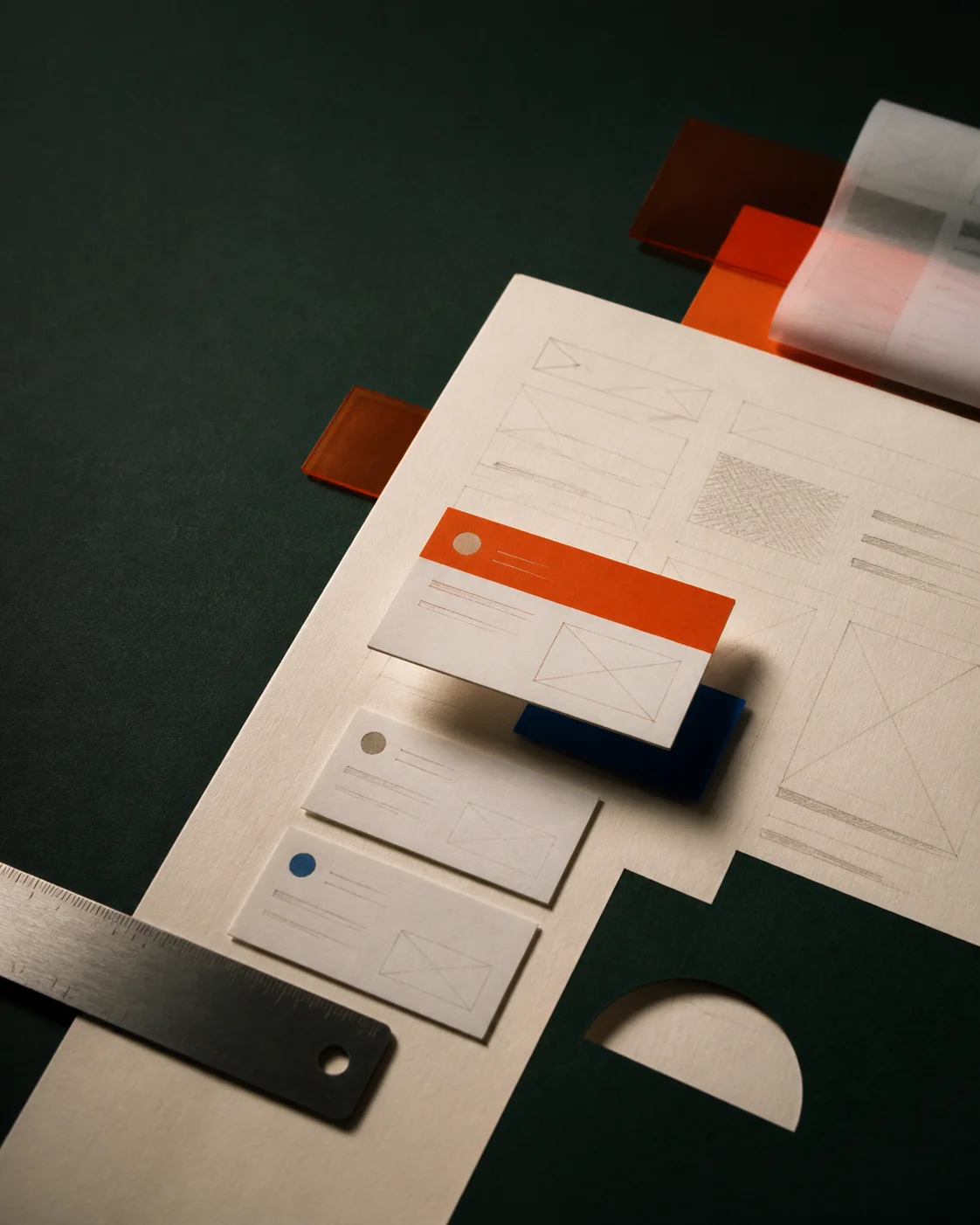 Paper website sketches arranged with one orange priority card above quieter alternatives.